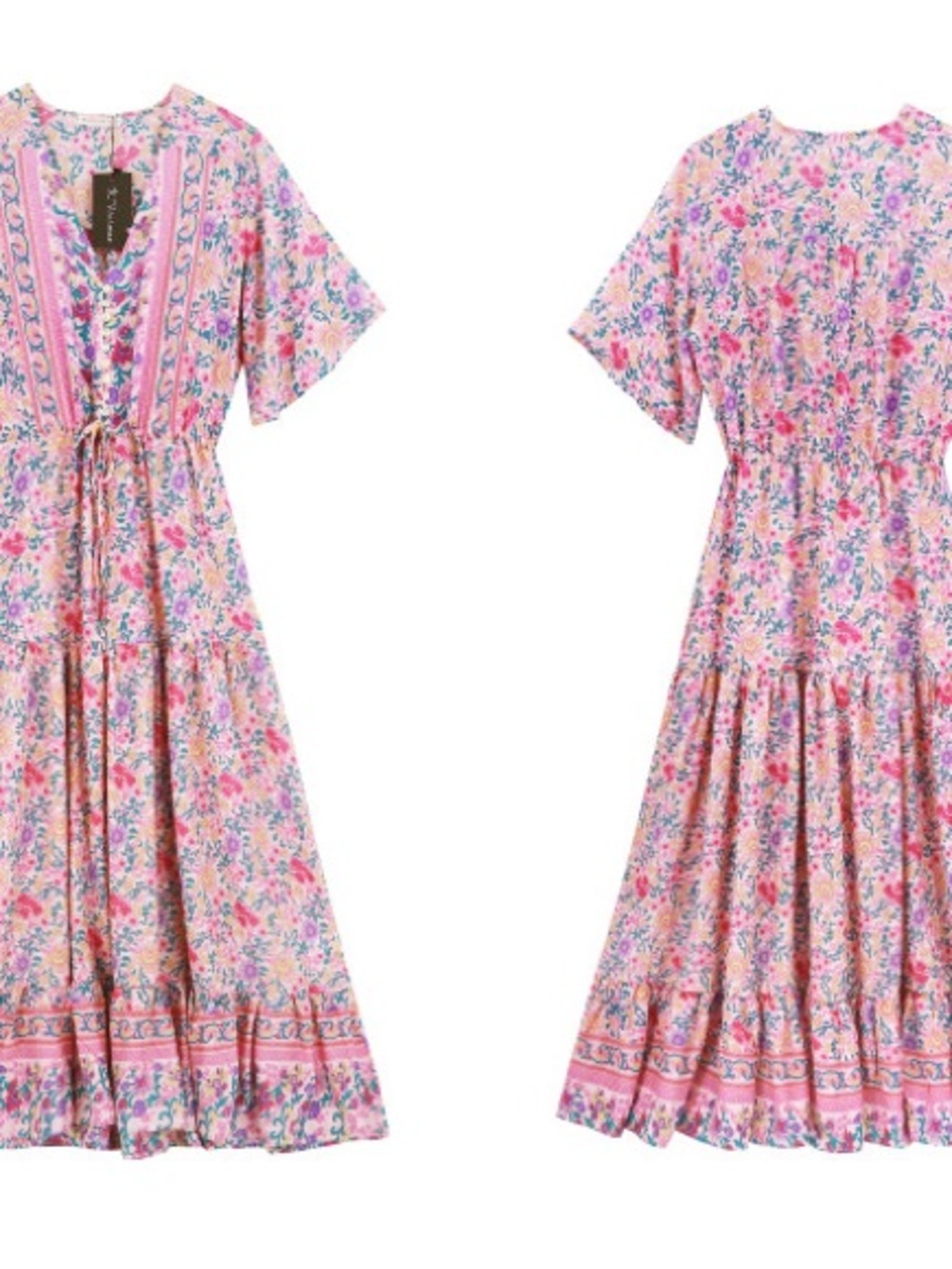 Pink Floral V-Neck Maxi Dress with Short Sleeves - Picture 14 of 16